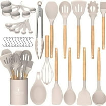 Silicone Cooking Utensils Set, 33Pcs Manss Non-Stick Heat Resistant Kitchen Utensils Spatula Set with Wooden Handle for Baking, Cooking, and Mixing,Kitchen Gadgets Tools with Holder,Khaki
