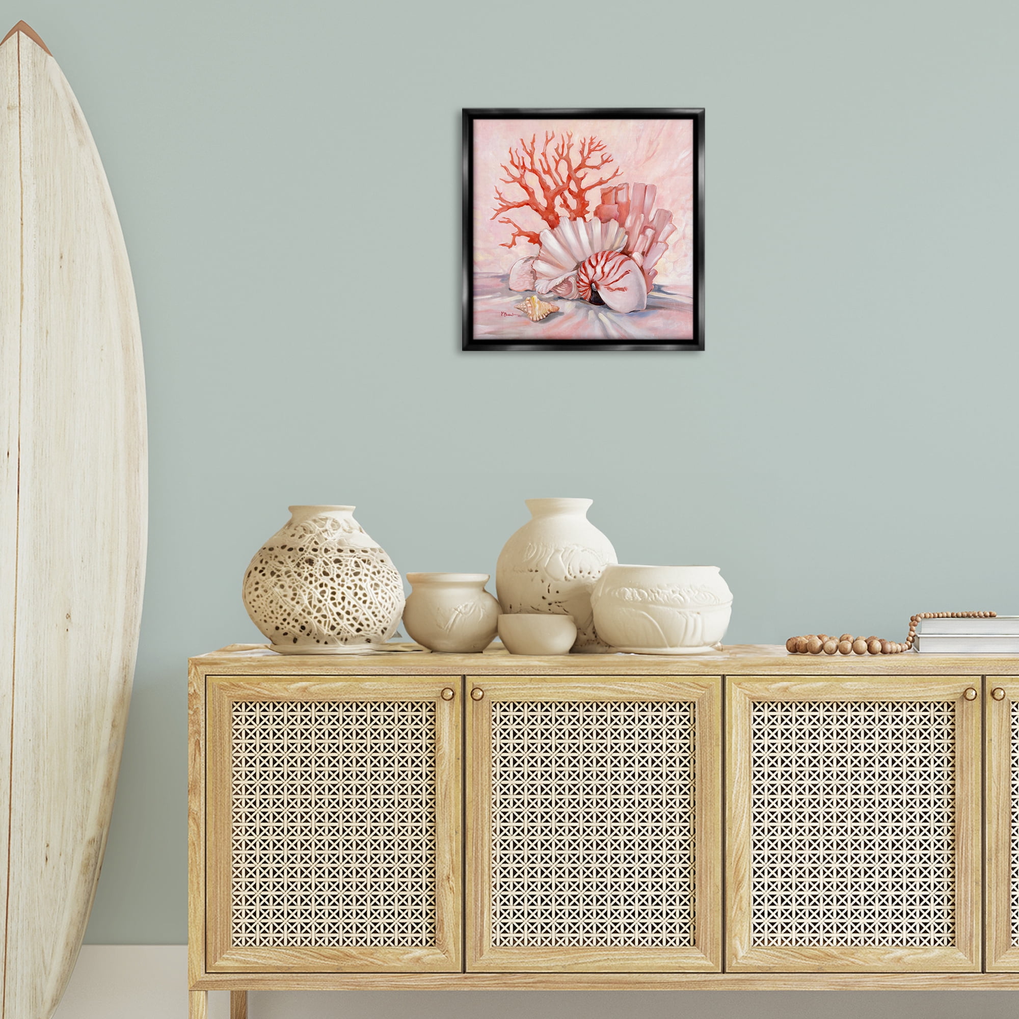 Stupell Industries Pink Coral Still Life Animals & Insects Painting Black Floater Framed Canvas Art Print Wall Art, 18 x 18