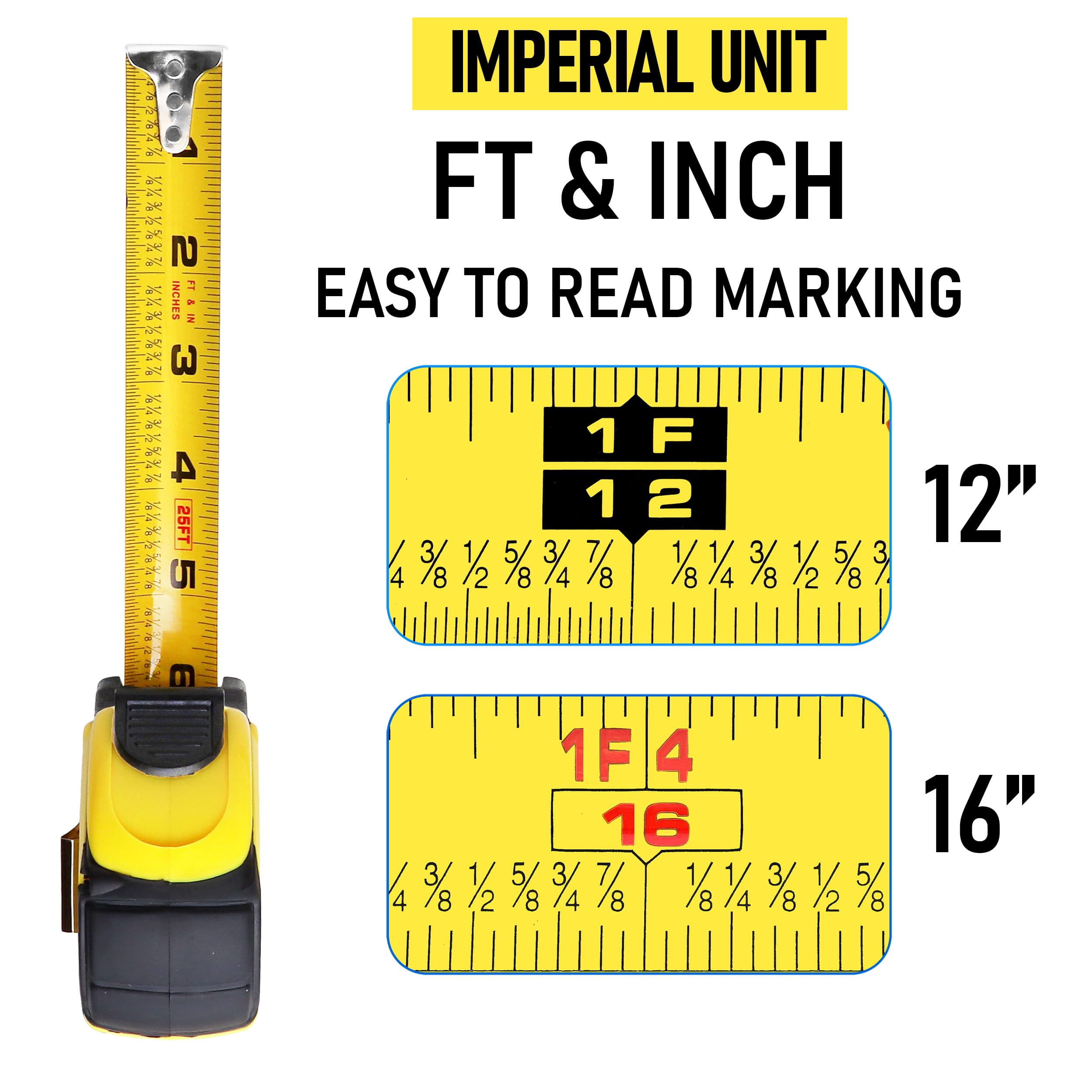 4-Pack Tape Measure 25ft, Self-Locking, Retractable, Easy Read with Fractions 1/8 Inch Scale