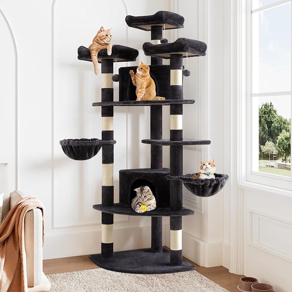MY 73in Fan-Shaped Space-Saving Corner Cat Tower/Multi-Level Tall Cat Tree for Indoor Kitties/Cozy Baskets/Condos/House/Perches/Sisal Scratching Posts/Pet Activity Center/Dark Grey