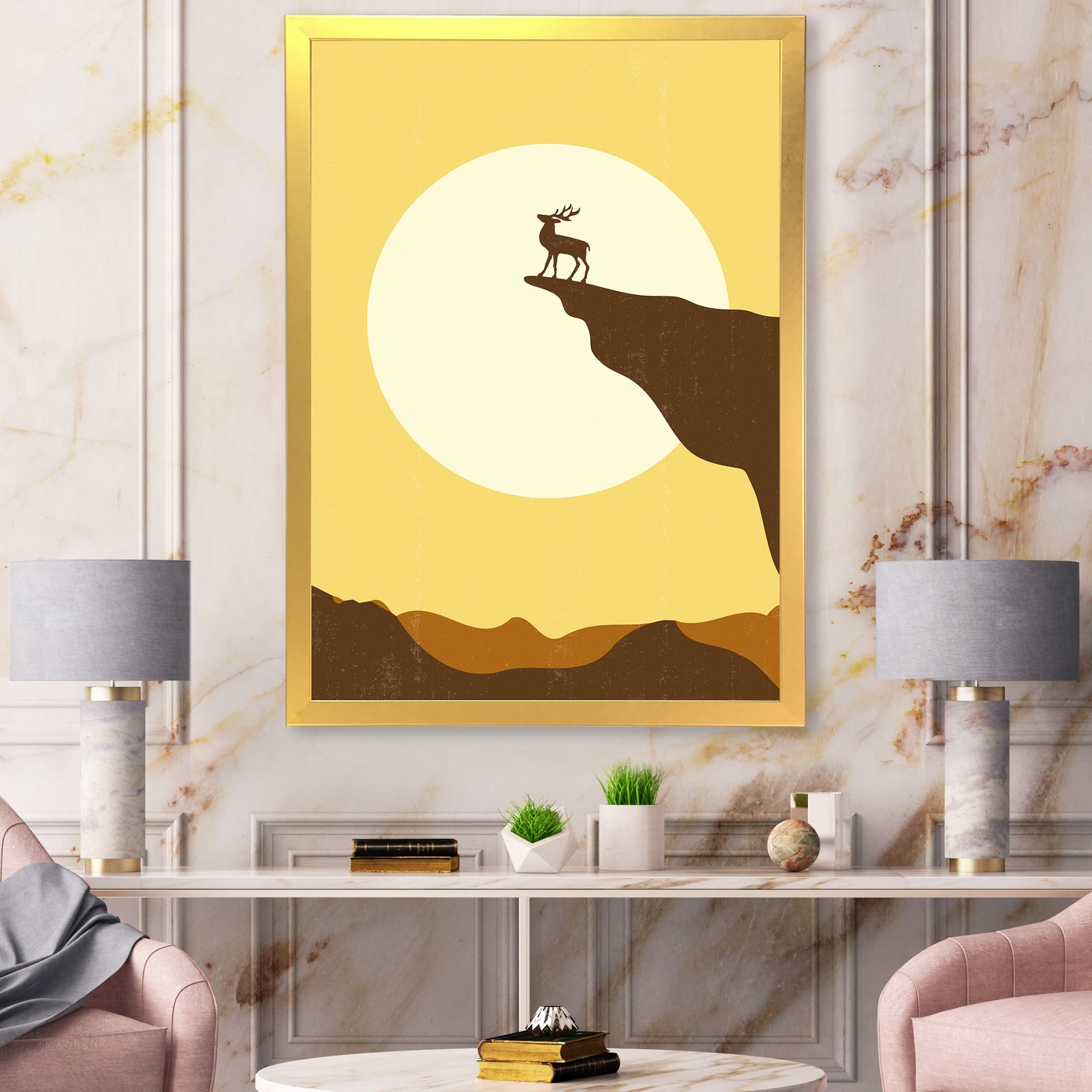 Designart 'Minimalistic Deer At Sunset On Mountain Top' Lake House Framed Art Print