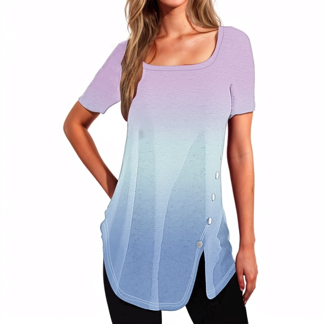 Plebaso Womens Summer Shirts Short Sleeve Gradient Tunic Tops Square Neck Dressy Loose Blouses with Split