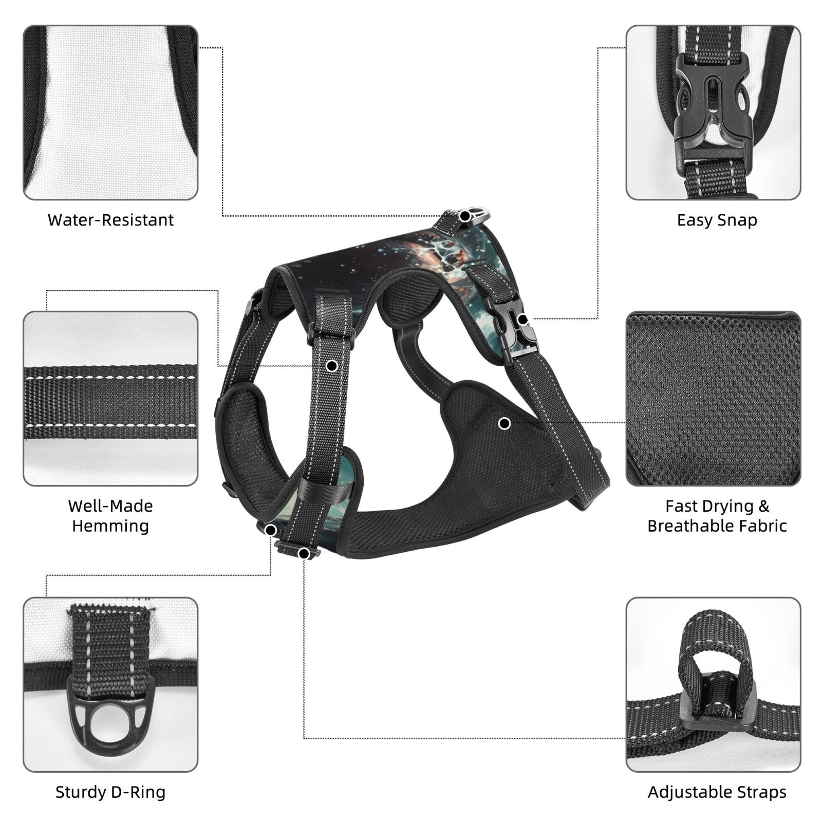 Kdxio Wave Ocean Animal Shark Print No Pull Dog Harness Adjustable Reflective Oxford Easy Control Medium Large Dog Harness for Training and Everyday-Small