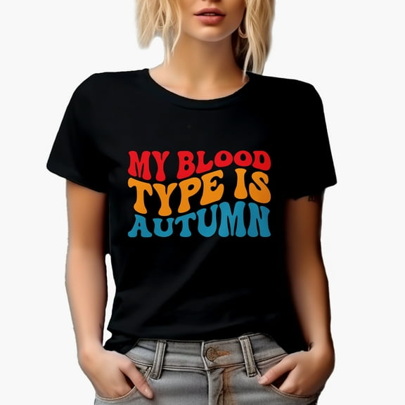 My Blood Type Is Autumn, Fall Lover Quote, Groovy Retro Wavy Text Merch Gift, Black T-Shirt, Small