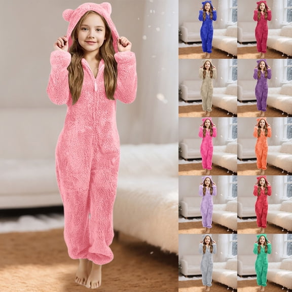 Aihuaihua Girls Fleece Onesie Clothes Kids Zip Up Romper Hooded Jumpsuit Winter Warm Playsuit Jumper with Pockets
