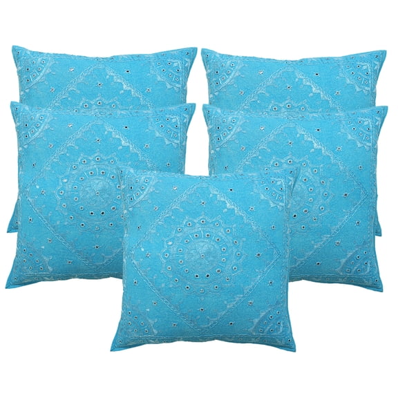 Stylo Culture Ethnic Decorative Throw Pillow Covers 24x24 Large Hand Embroidered Turquoise Boho 60 x 60 cm Home Decor Cotton Mirrored Square Cushion Covers | Set Of 5