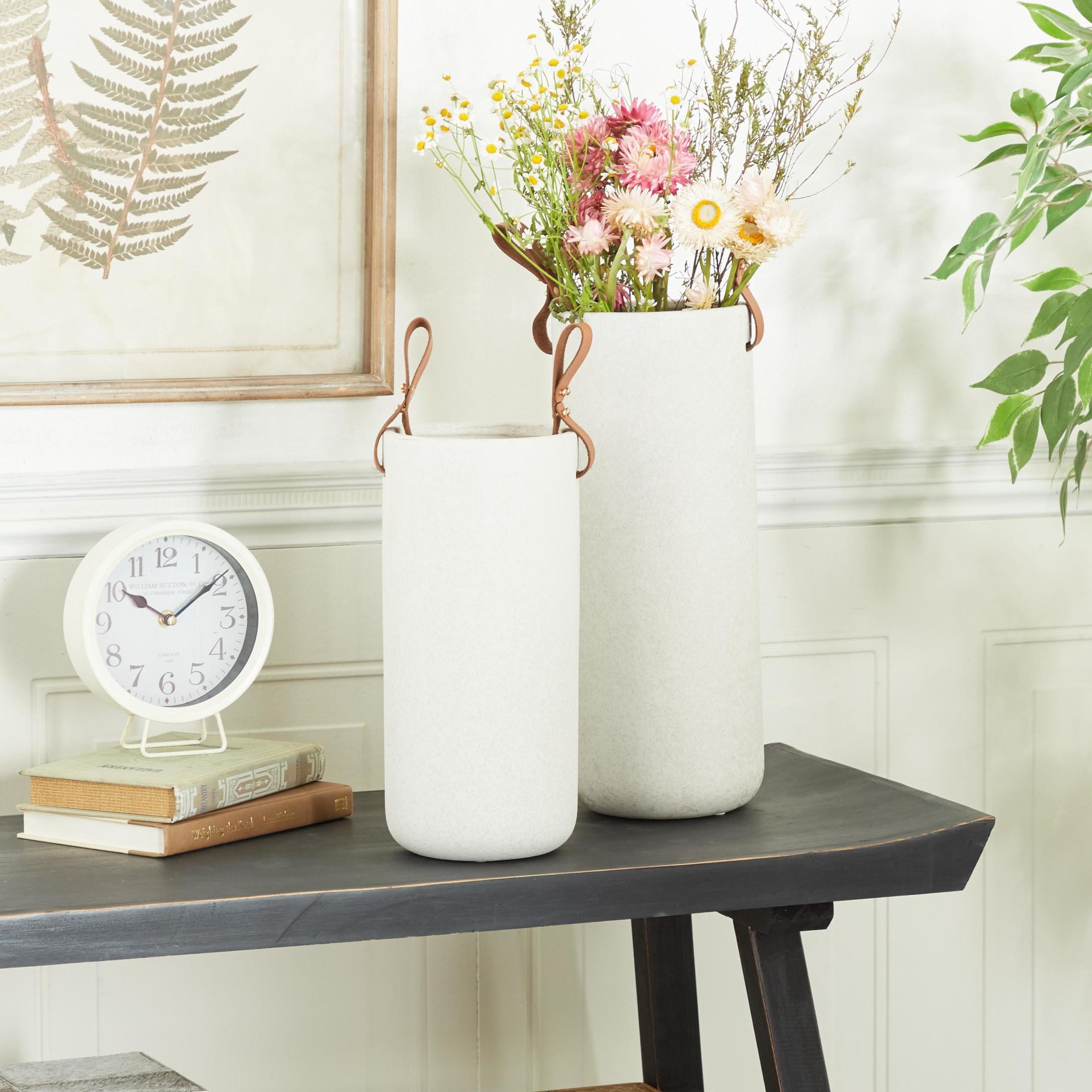 CosmoLiving by Cosmopolitan 15", 12"H White Ceramic Vase with Leather Handles, Set of 2