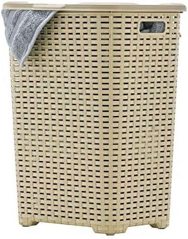 Superio Wicker Bathroom Set – 60L Laundry Hamper, 12qt Step Trash Can, Toilet Brush and Holder – Matching Toilet Set, Basket-weave Design (3 pack, Beige)