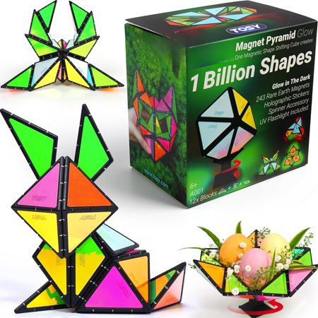 Magnet Pyramid Glow - 1 Cube Transforms into 1 Billion Shapes, 12 Pieces, 243 Rare Earth Magnets, Glowing, Holographic Design Magnet Tiles Creative Puzzle STEAM Toy