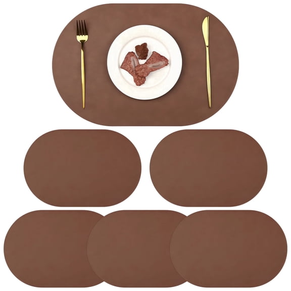Reversible Oval Leather Placemats Set of 6 - 17.7x11.8" Waterproof & Heat Resistant Table Mats, Brown Faux Leather Dining Table Decor for Kitchen & Restaurant