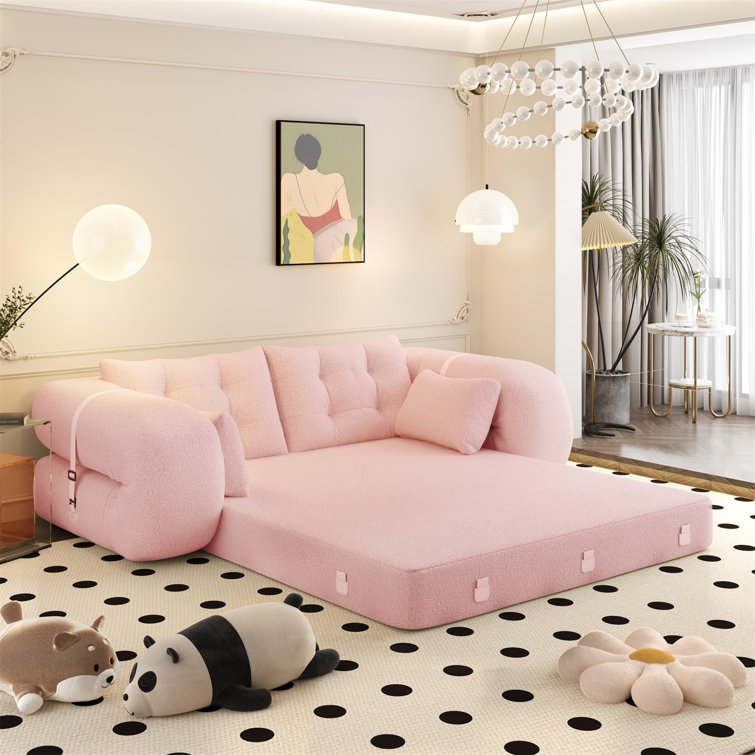 Demi Bonn 78" Cozy Sofa Couch, Foldable 3-in-1 Sleeper Bed, Multi-Functional Lazy Sofa for Living Room, Playroom, Comfortable Foam-Filled, Pink