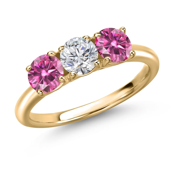 Gem Stone King 10K Yellow Gold Lab Grown Diamond and Pink Moissanite Engagement Ring for Women | 1.50 Cttw | Round 5MM | Gemstone April Birthstone | Size 7