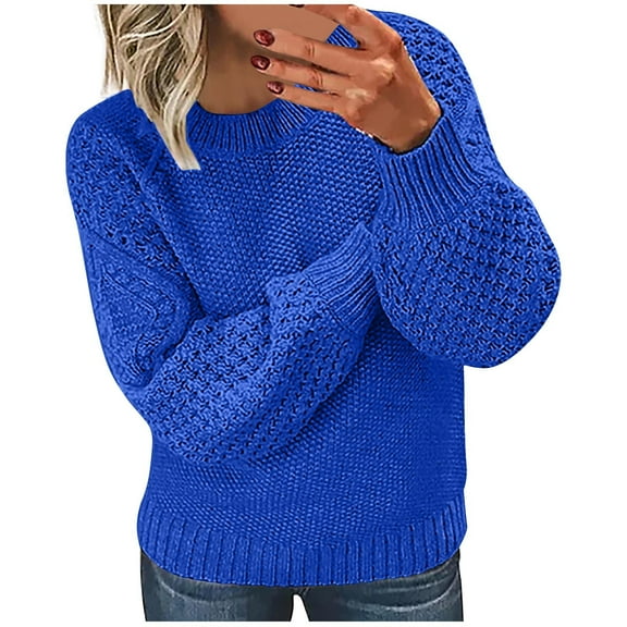 Perfectbot Womens Sweaters Puff Long Sleeves Crochet Round Neck Tops Fall Trendy Outfits Blouses
