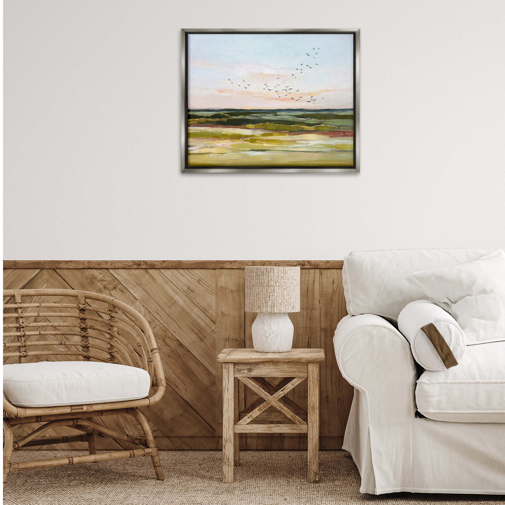 Stupell Industries Bird Flock over Grassland Landscape & Nature Painting Gray Floater Framed Canvas Art Print Wall Art, 31 x 25