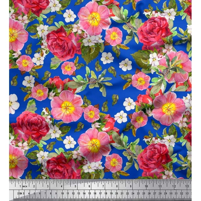 Soimoi Velvet Fabric Leaves,Clematis & Rose Floral Print Fabric by the Yard 58 Inch Wide