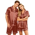 thumbnail image 3 of Garbnen Silk Matching Pajama Sets for Couples 2 Piece Short Sleeve Button Down Sleepwear Pjs Shorts Set Cozy Mens Loungewear Sets Brown XXL, 3 of 8
