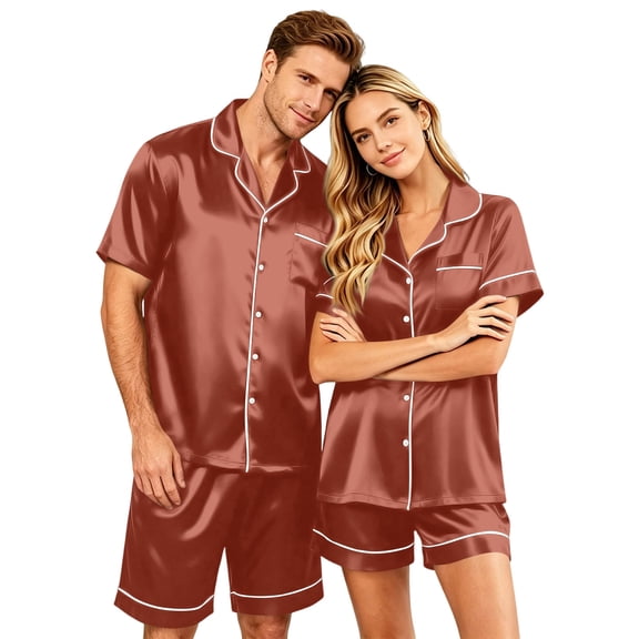 Resicozy Satin Matching Pajamas for Couple Sets Silk Button Down Nightwear Women Men Short Sleeve Sleepwear 2 Pieces Loungewear Light Brown M