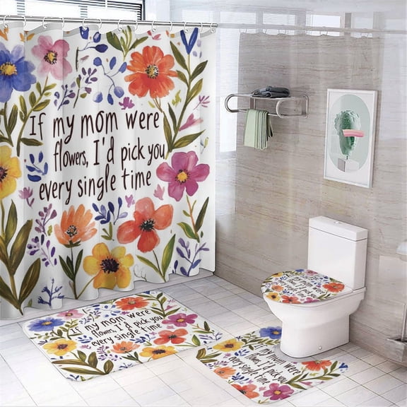 Wildflower If Moms Were Flower 4 Piece Shower Curtain Sets with Non-Slip Rugs Toilet Lid Cover and Bath Mat Colorful Watercolor Flowers Waterproof Fabric Bath Curtains for Bathroom Decor Sets