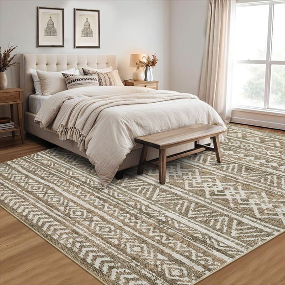 Vintage Area Rug 5 x 7 Washable Farmhouse Geometric Throw Rug with Non-Slip Backing, Soft Low Pile Accent Carpet, Tribal Floor Cover for Living Room, Dining Room, Bedroom, Light Linen