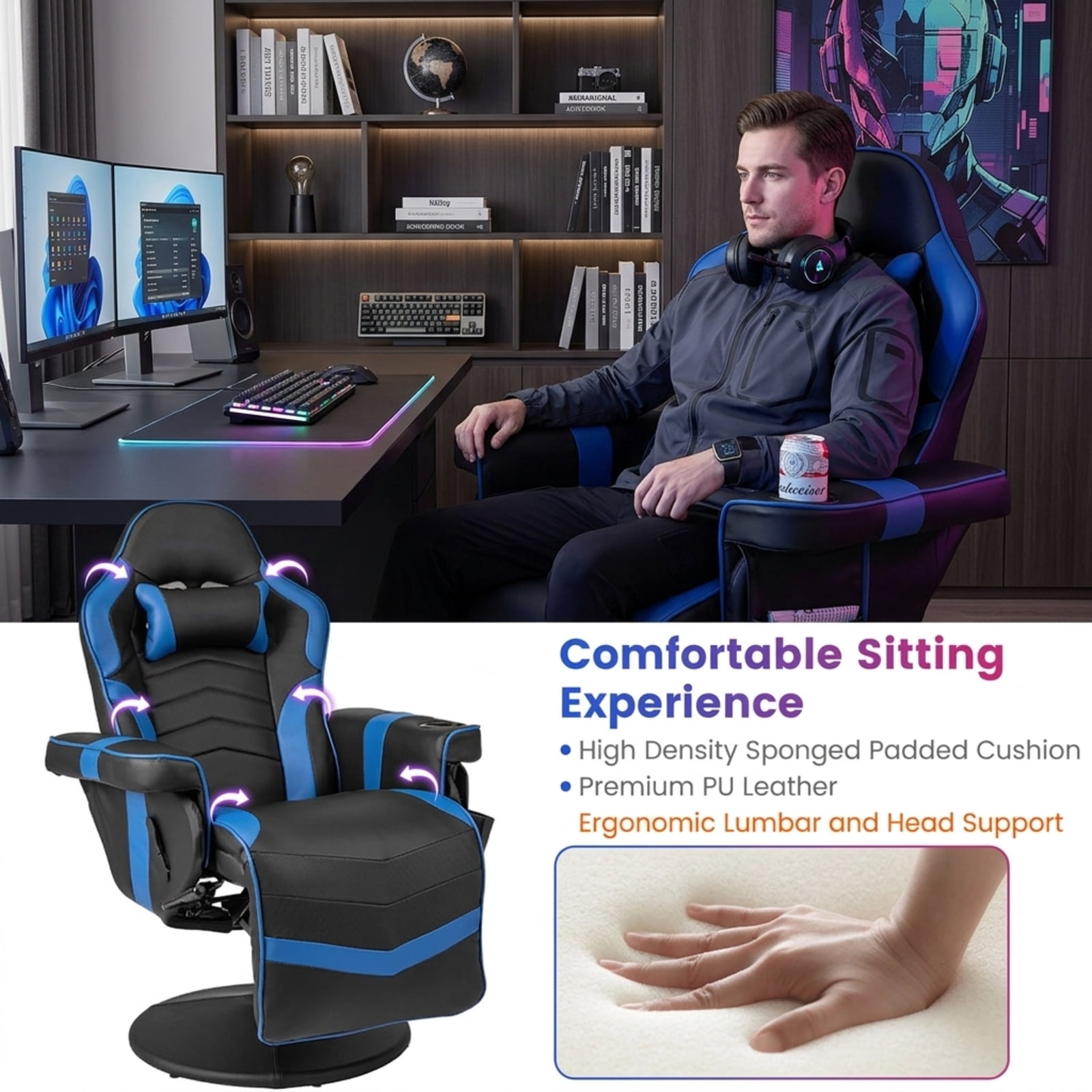 Furnibear Massage Video Gaming Recliner with Reclining Backrest Retractable Footrest Adjustable Height and Side Pocket for Gaming and Office, Blue