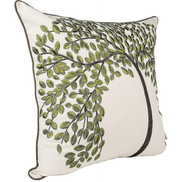 Funda de cojín decorativa de lino y algodón con bordado de 20 pulgadas - Árbol de la Vida (verde)
