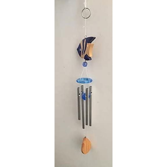 10" Hand Crafted Hanging Mobile Unique Wooden Wind Chimes Navy Blue Clown Fish New