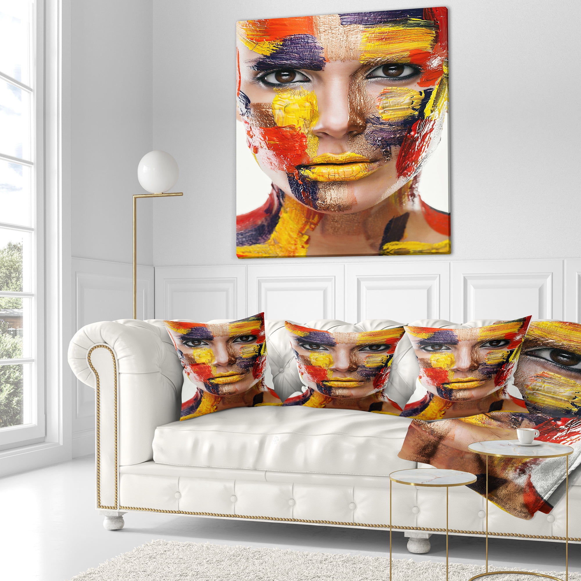 Designart Woman with Colorful Face - Contemporary Throw Pillow - 16x16