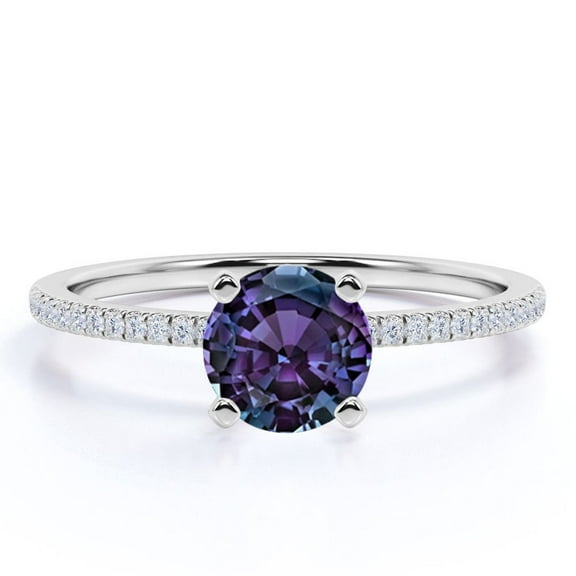JeenMata Classic 1 Carat Round Cut Lab Created Alexandrite and Moissanite Pave Solitaire Engagement Ring in 18k White Gold over Silver