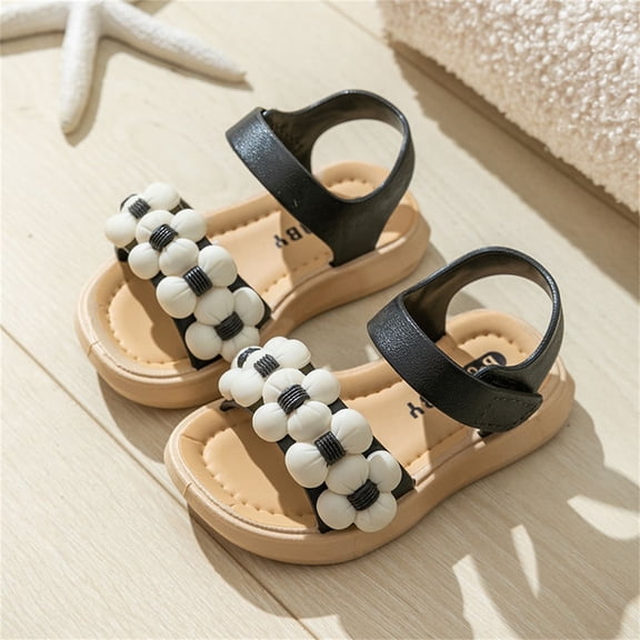 XIMIN Toddler Girls Flower Decorated Open-Toe Sandals Hook Loop Strap Non-Slip Rubber Sole Casual Summer Party Beach Footwear for Baby (Black, 18Months)