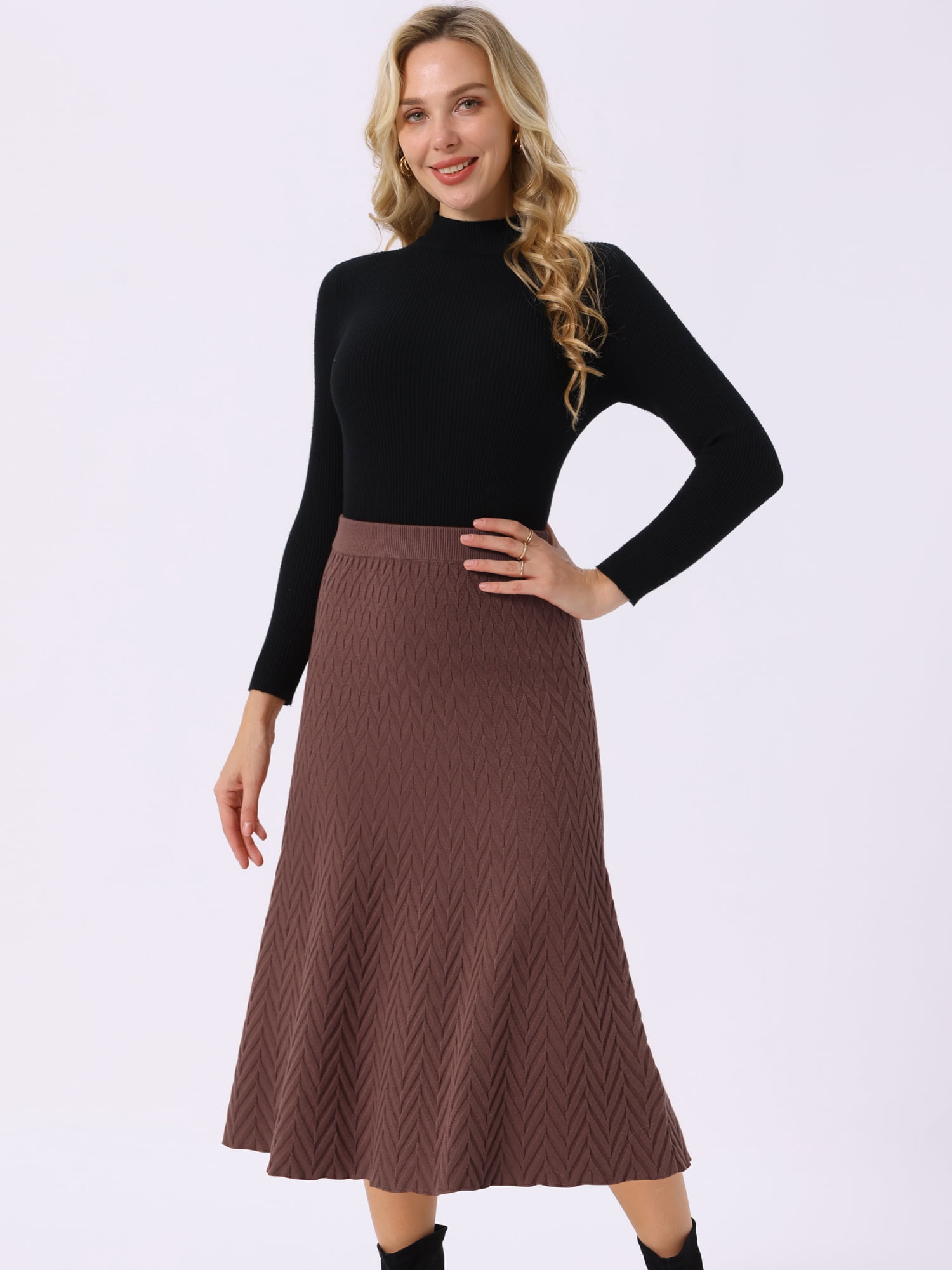 DARING DIVA Women's A-Line Skirts Stretchy Sweater Midi Skirt XL Coffee