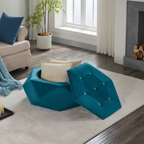Newest 34" Velvet Diamond Tufted Storage Ottoman, Blue Multi-Functional Footrest with 330lb Capacity for Living Room & Bedroom
