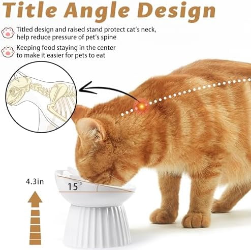 Ceramic Raised Cat Bowl，Tilted Raised Cat Bowl Anti Vomit Cat Bowls for Indoor Cats Whisker Friendly Pet Feeder for Cats Puppies, Microwave and Dishwasher Safe