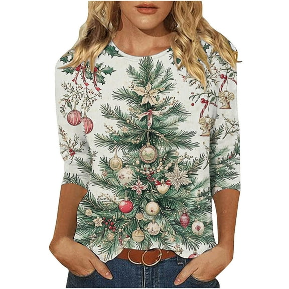 Christmas Tree Shirts for Women 3/4 Sleeve Holiday Graphic Tee Winter Casual Tops Xmas Party Outfit Pullover
