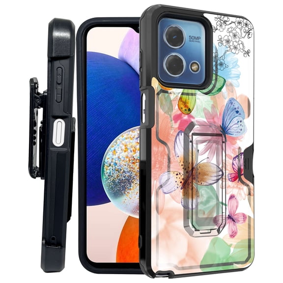 ANJ  Rugged Shockproof Kickstand Hybrid Case with Card Slot and Holster   Tempered Glass Cover for Motorola Moto G Stylus 5G (2023) - Colorful Butterflies