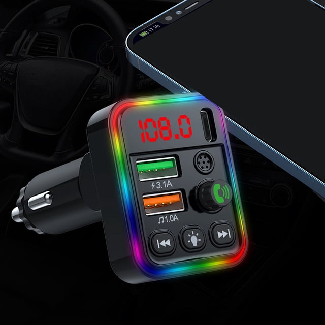 Binmer Colorful Ambiance Lights 5.3 Car Bluetooth Receiver Charger, Lossless Sound Quality FM Transmitter Card, Car MP3 Bluetooth Player