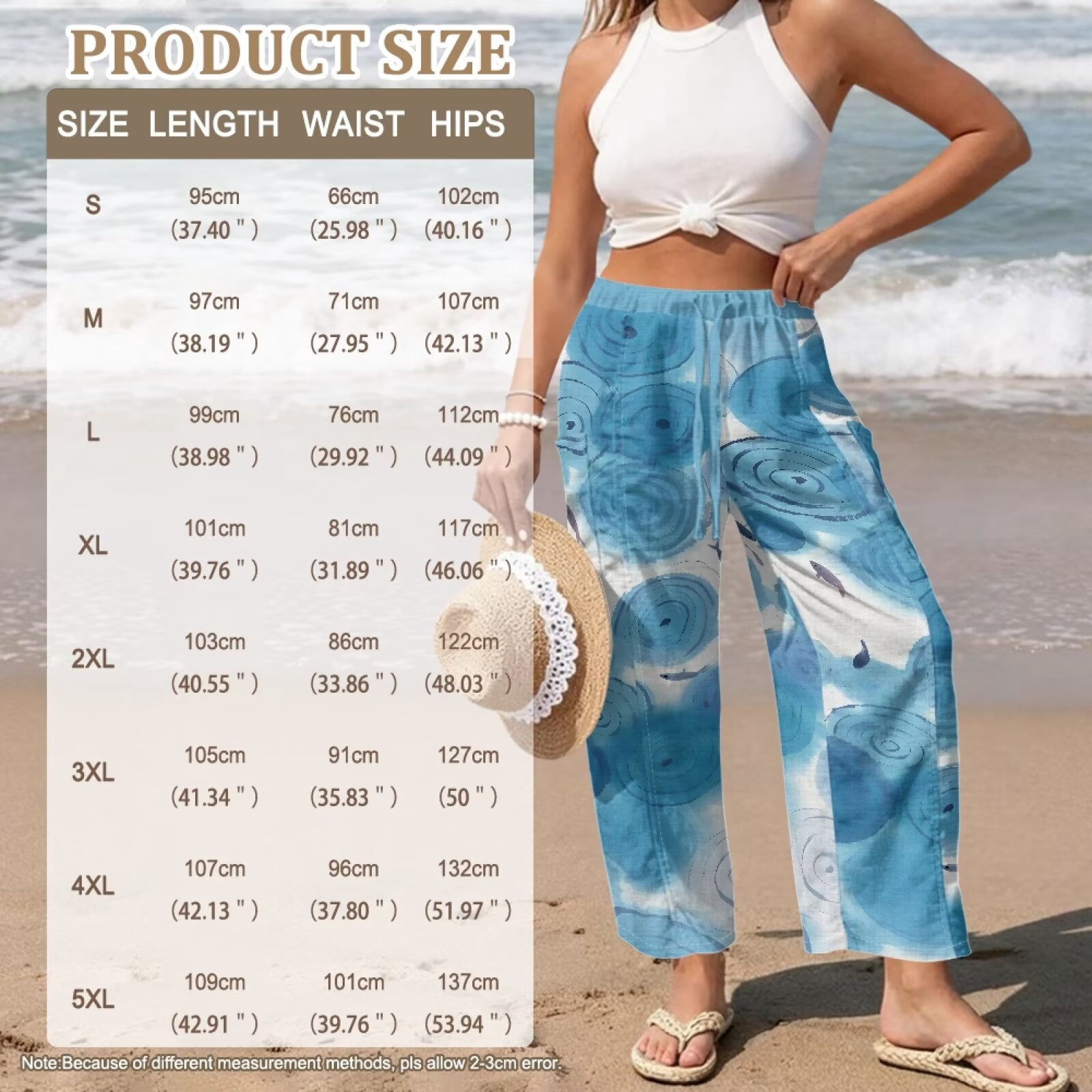 Yuyamidu Chinese Blue Wave Women's Linen Casual Pants Petite Size M Relaxed Fit Flowy Travel Pants Drawstring Lounge Palazzo Trousers Chinese Print Outfits