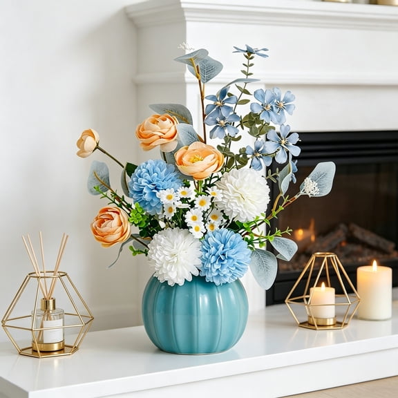 Pumpkin-Shaped Ceramic Vase with Handmade Silk Flower Arrangement for Living Room, Dining Table, and Home Decor Blue