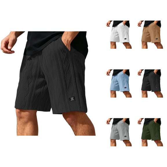 Mens Shorts Casual Summer Elastic Waist Textured Straight Leg Loose Fit Lightweight Lounge Shorts with Pockets