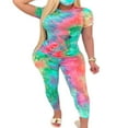 thumbnail image 1 of 2Pcs WomenClothes Outfit Tie Dye Print Short Sleeve Top+Long Pant Set, 1 of 6