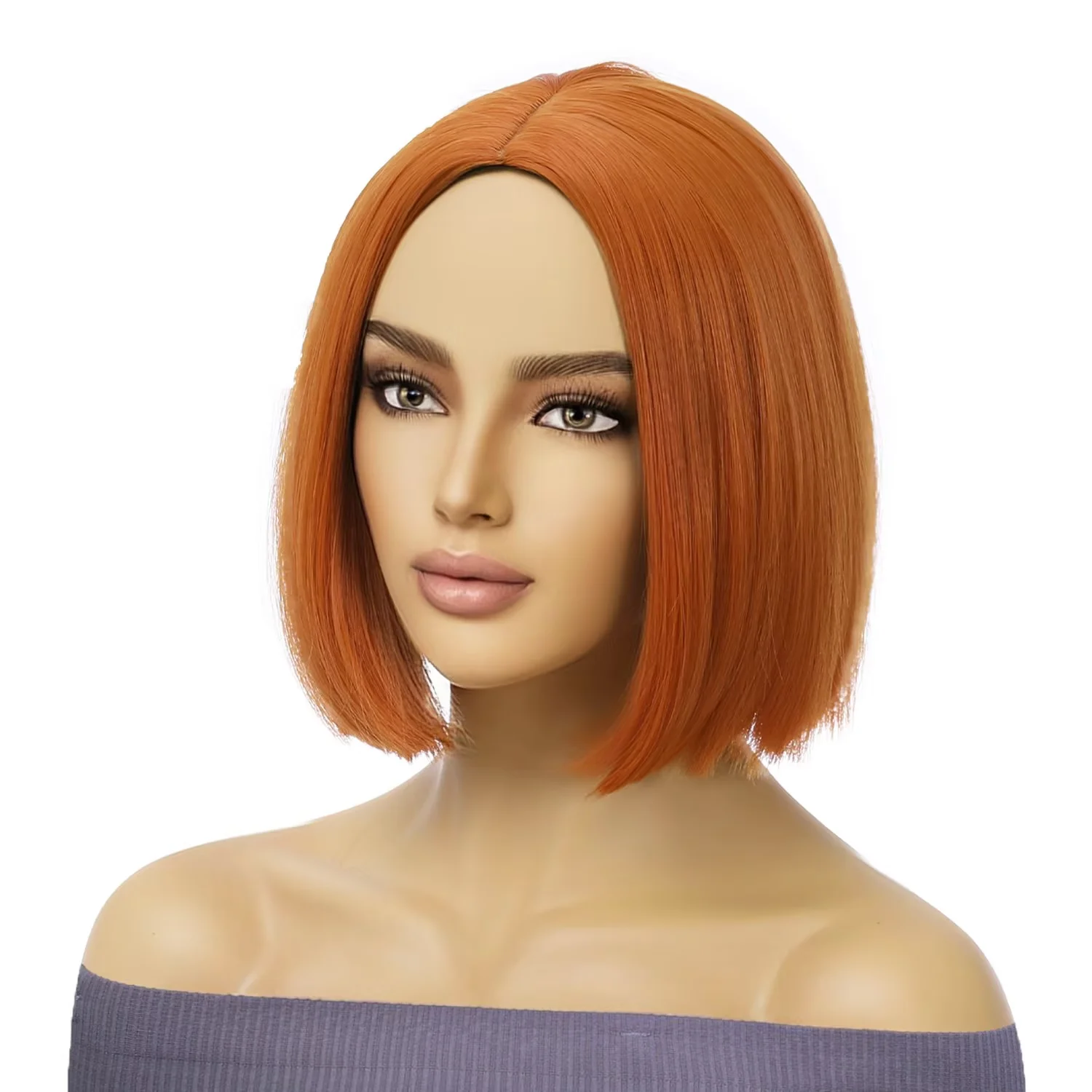RightOn 10 Inches Dark Orange Bob Wig With Middle Part Bangs Wig for Women Girls Daily Use