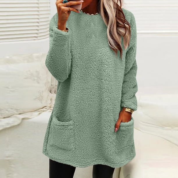 Puntoco Blusa de manga larga cálida con bolsillo sólido suelto para otoño e invierno con cuello redondo para mujer Puntoco Puntoco-6988