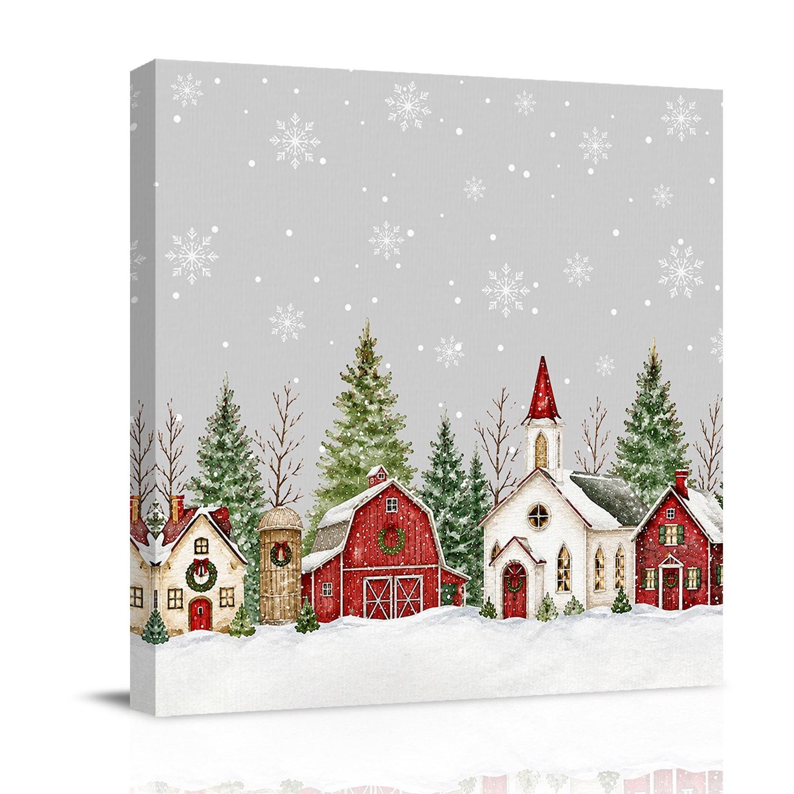 Canvas Wall Art Gray Christmas Village Framed Canvas Prints for Bathroom Kitchen Xmas Tree Winter Snowflakes Rustic Gallery Wrapped Wall Decor for Home Office Gifts 10 x10 Ship Next Day