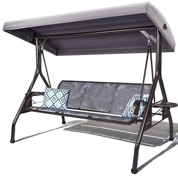 zzw 3-Seat Steel Porch Swing with Adjustable Canopy and Cup Holders, Gray