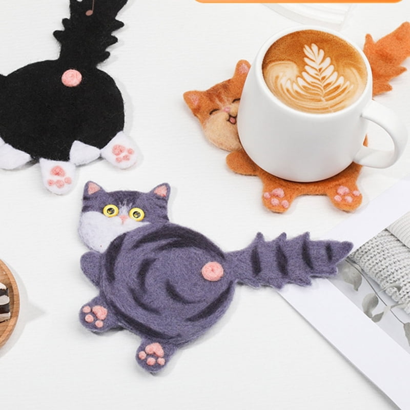 Zecic Lovely Cats Coasters Needle Felting Starter Kits Handmade Needle Felting Kits Wool Needle Felting Tool Kits for Woman