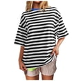 thumbnail image 2 of Short Sleeve Shirts for Women Casual Stripe Loose Crew Neck T Shirts Fashion Elegant Breathable Basic Blouses Vacation Clothes Light Black S, 2 of 4