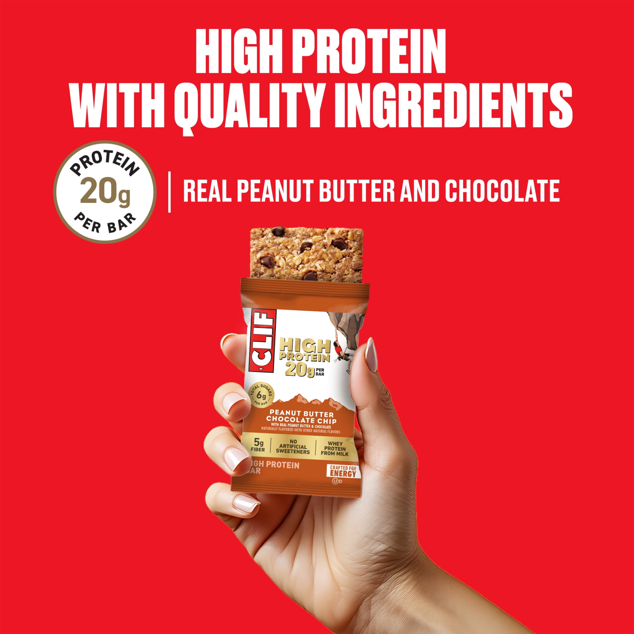 CLIF HIGH PROTEIN Bars - Peanut Butter Chocolate Chip - 20g Protein - 5g Fiber - Non-GMO (4 Count)
