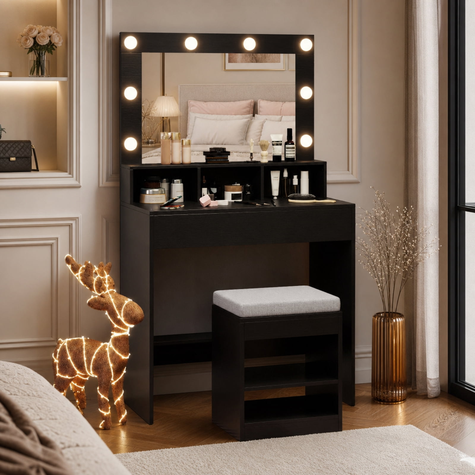 Furnibear Vanity Table Set with Lighted Mirror and Cushion Stool for Bedroom Makeup Dressing Room Vanity Desk Mirror Set, Black