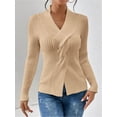 thumbnail image 5 of Sweaters for Women Fall Long Sleeve V Neck Ribbed Knit Sweater Slim Fit Solid Basic Casual Tops Khaki S, 5 of 9