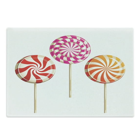 Colorful Cutting Board, Realistic Sugary Treats on Sticks Spiral Round Lolly Pops Delicious Tasty Snacks, Decorative Tempered Glass Cutting and Serving Board, Large Size, Multicolor, by Ambesonne