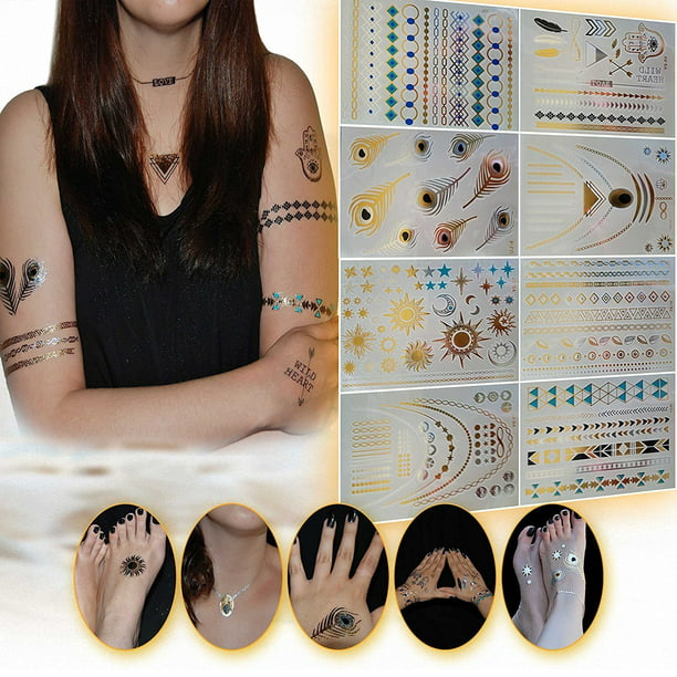 Metallic Temporary Tattoos - 150+ Color Flash Hot Fake Waterproof Tattoo  Stickers Jewelry Inspired Temporary Tattoos in Gold, Silver, Black &  Turquoise (16 Sheets) - Walmart.com